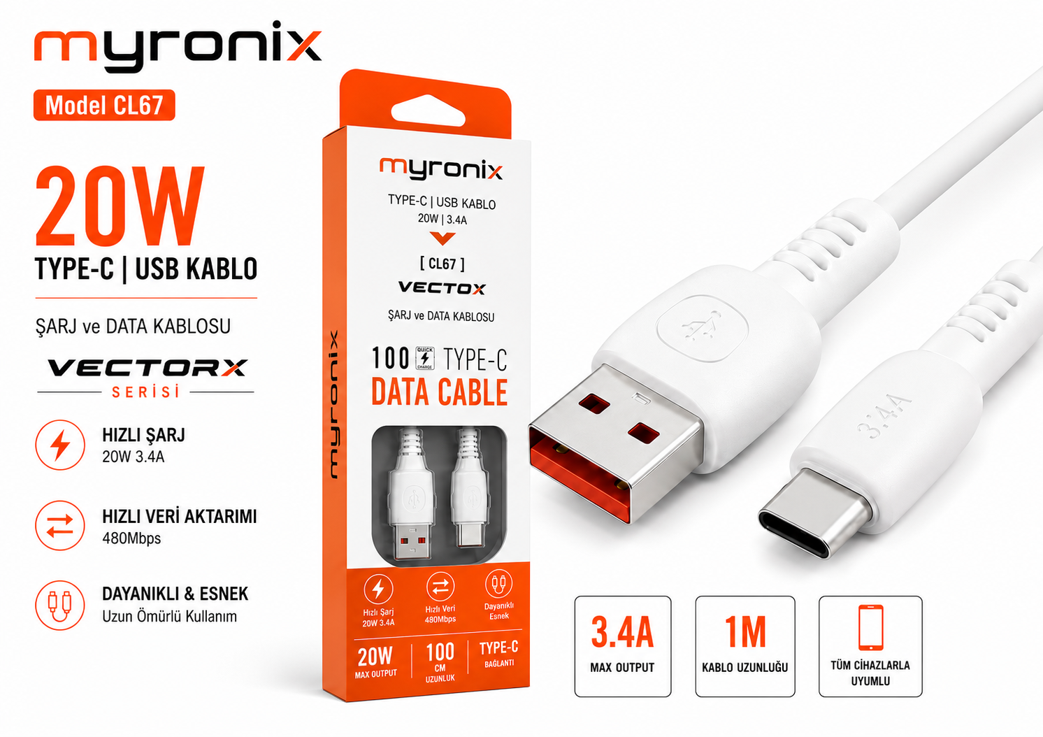 Myronix Vector CL67 USB To Type-C Şarj ve Data Kablosu