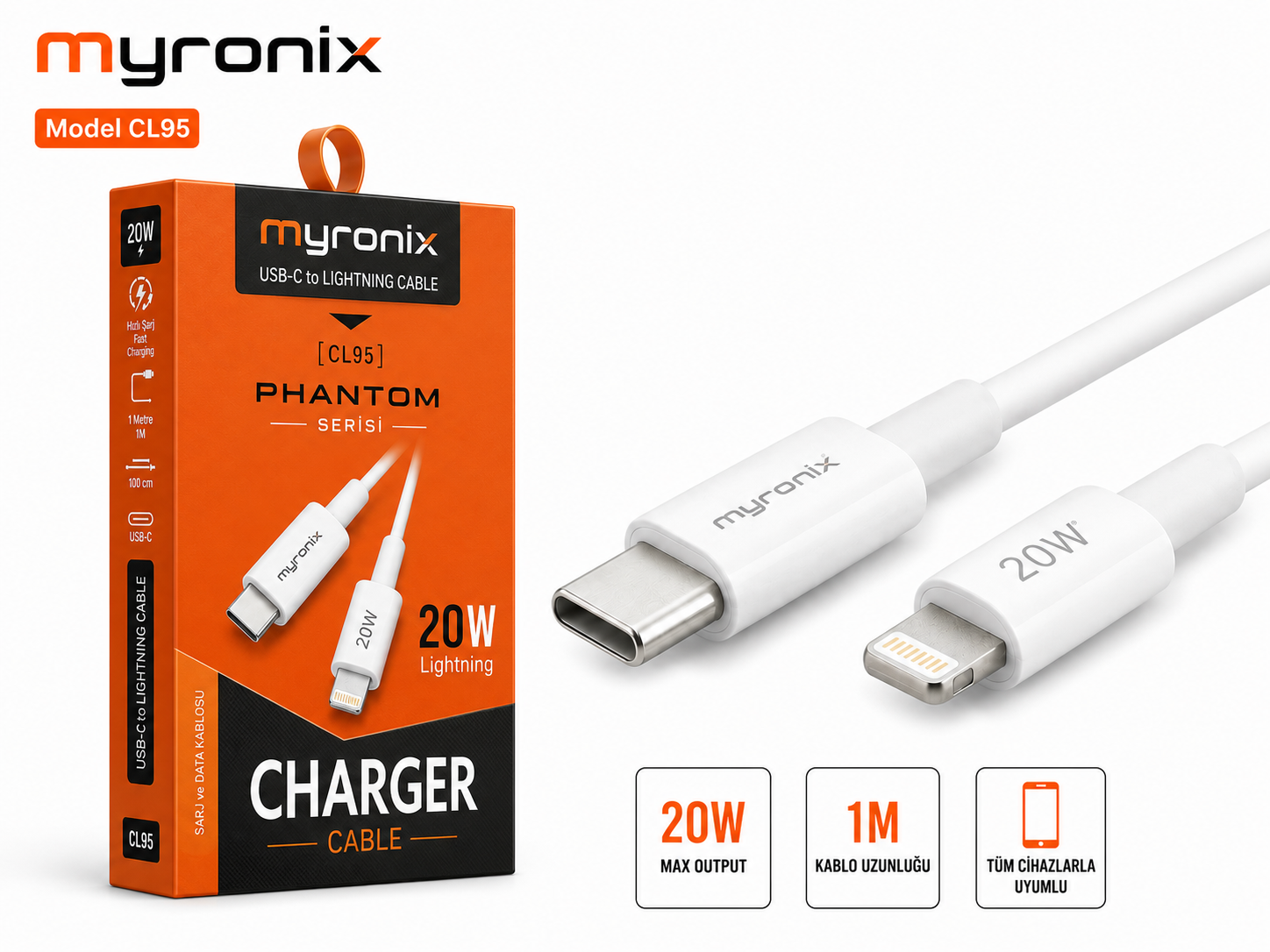 Myronix Phantom CL-95 Type-C To Linghting Hızlı Şarj ve Data Kablosu